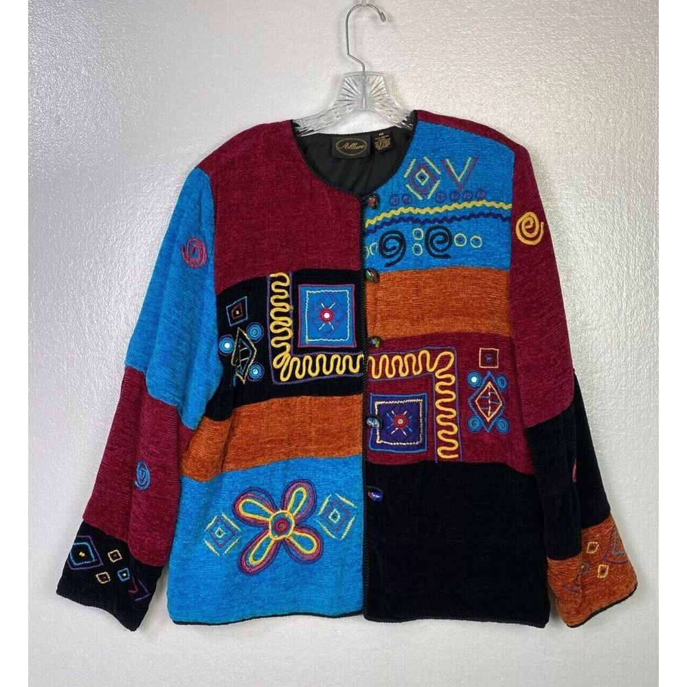 ALLURE Jacket Womens Sz M Multi Color Patchwork Art Wear Graphic Cardigan Boho